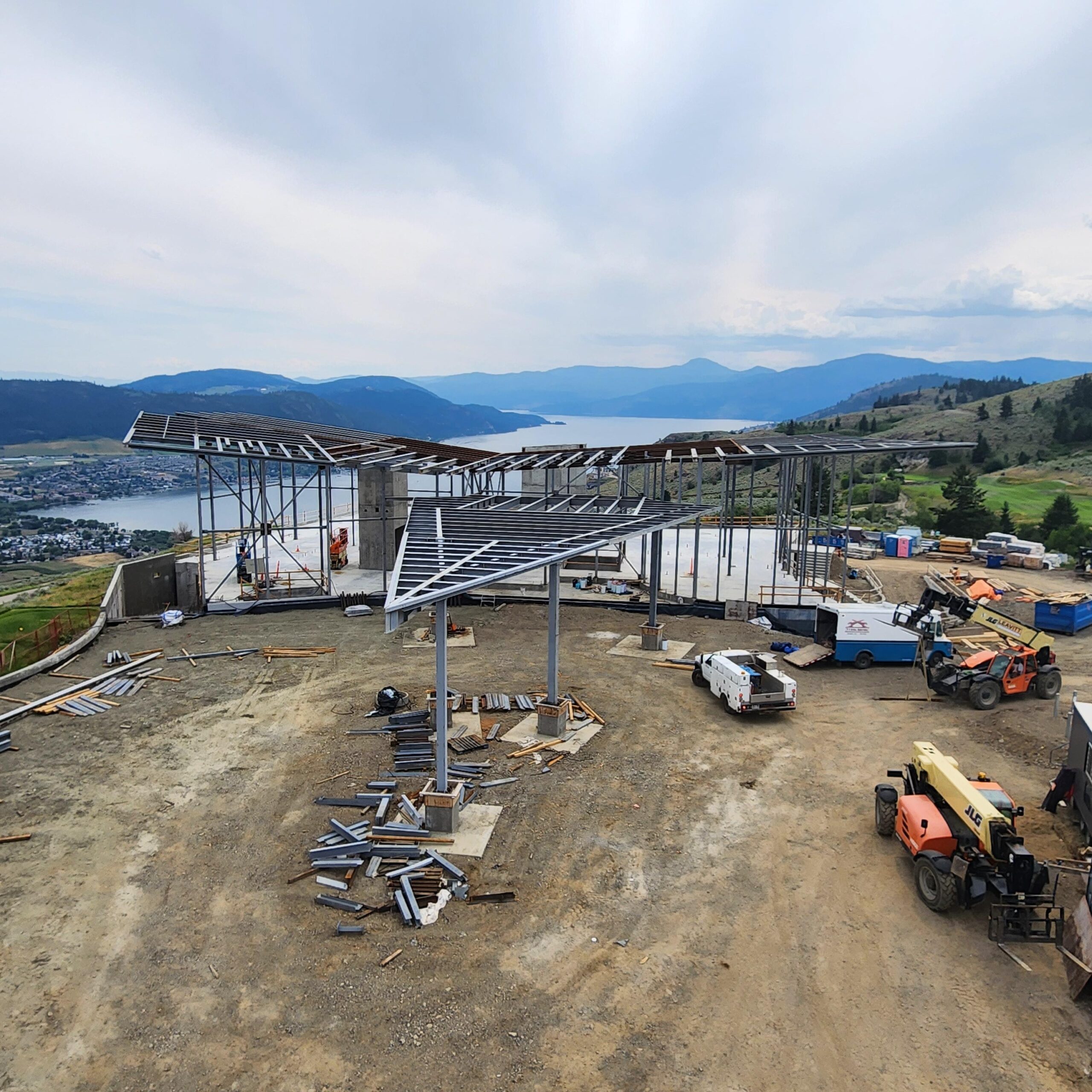An aerial shot of the building shows the angular shapes created with the steel.