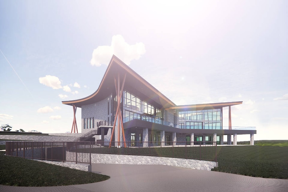 Concept image for The Edge restaurant on The Rise golf course in Vernon BC. This image shows the triangular shapes and large windows featured on the building.